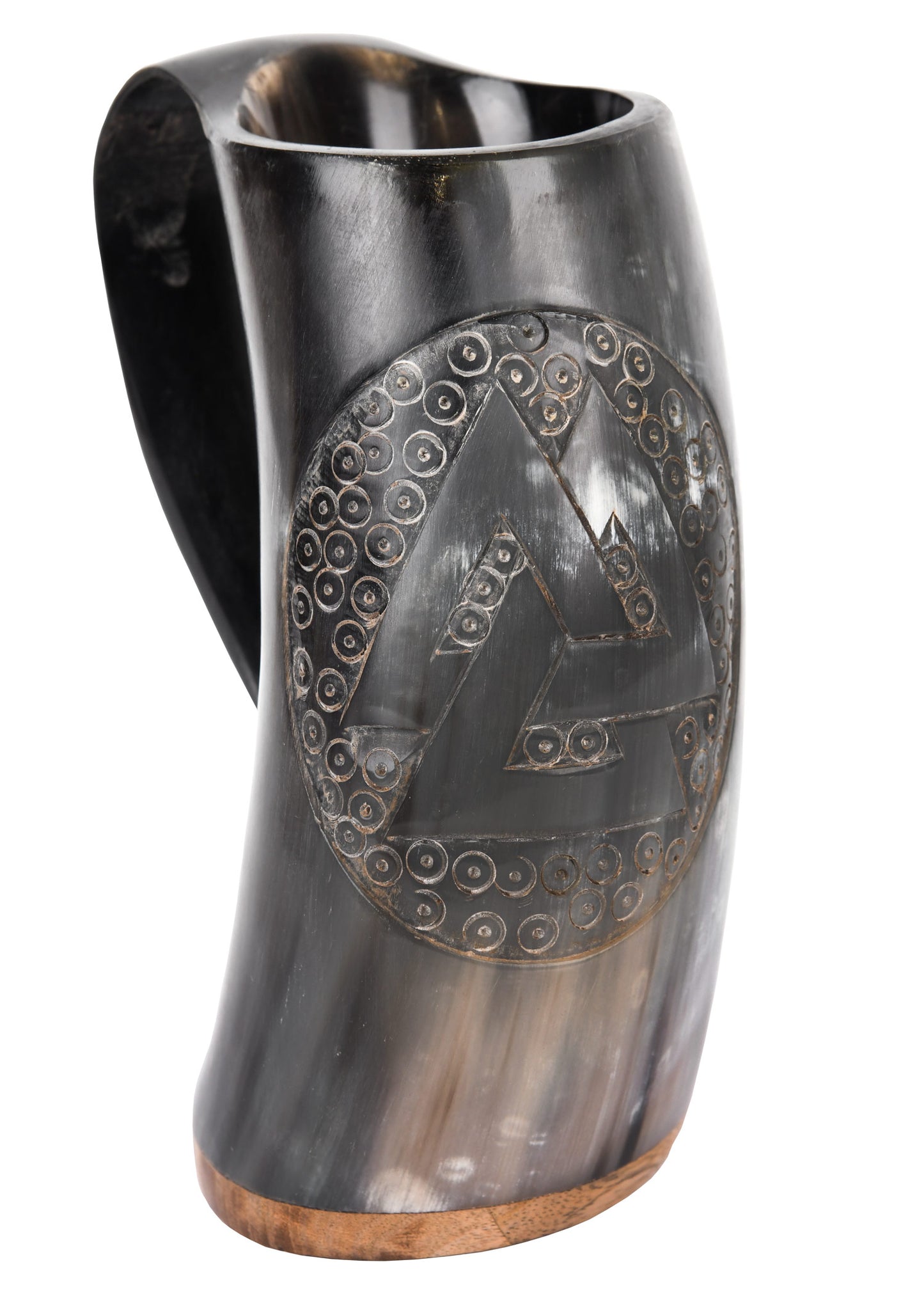 Wikinger Hornkrug Valknut mit Holzboden – großer Bierkrug aus echtem Horn – Metkrug mit Runen Symbol