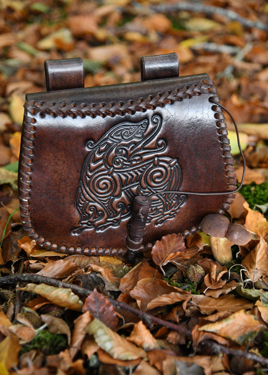 Gürteltasche aus Leder mit Drachen-Prägung – Wikinger Tasche Braun