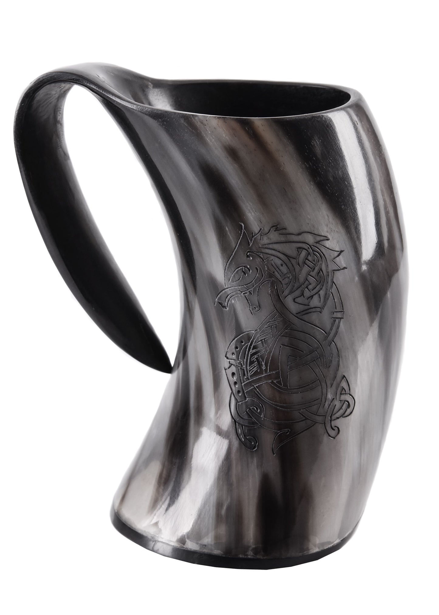 Wikinger Hornkrug Fenrir – Bierkrug aus echtem Horn – Metkrug mit Fenriswolf Gravur