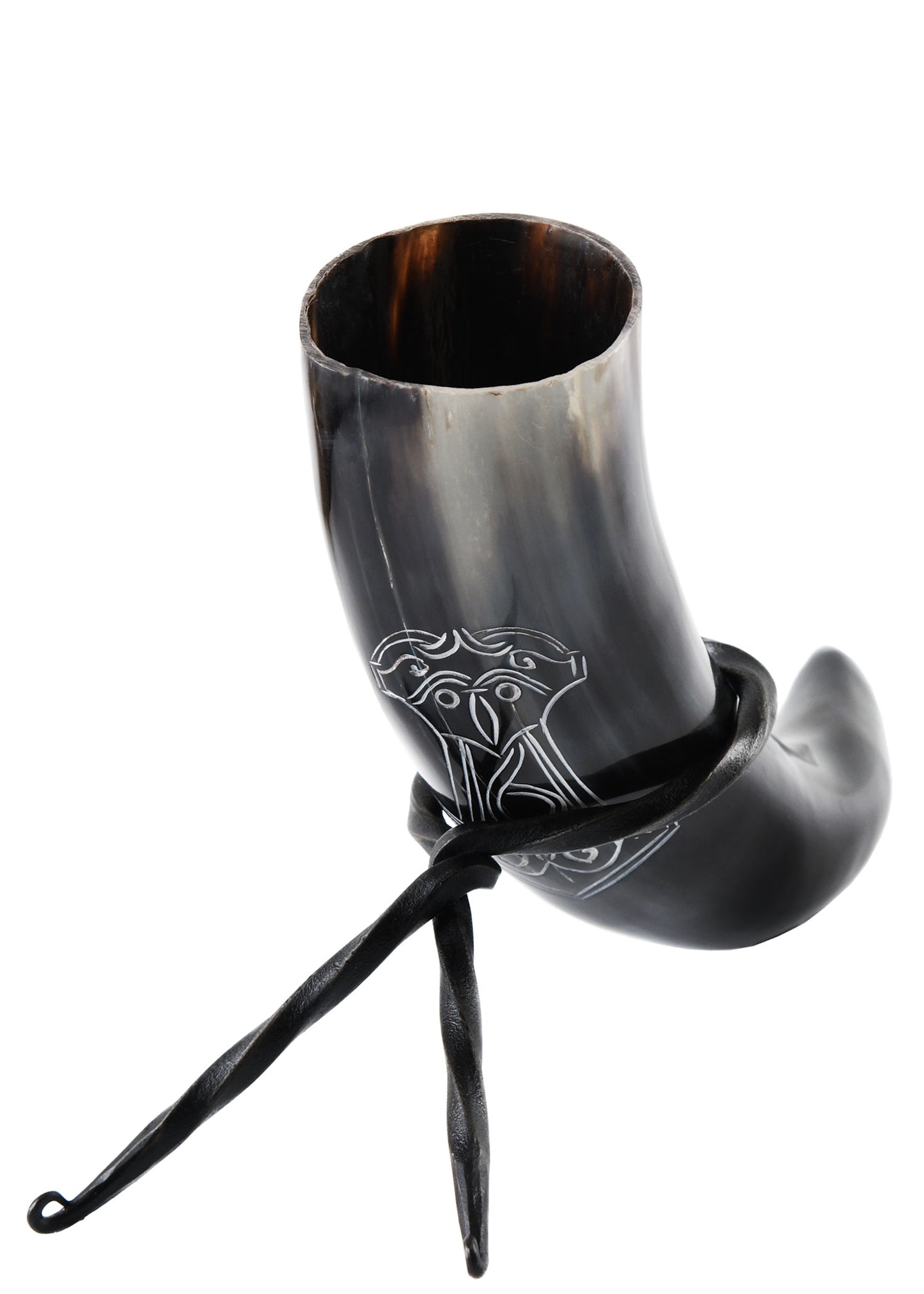 Wikinger Trinkhorn mit Ständer – Mjölnir Thorshammer Gravur – Met Horn aus echtem Rinderhorn – Mittelalter Trinkgefäß