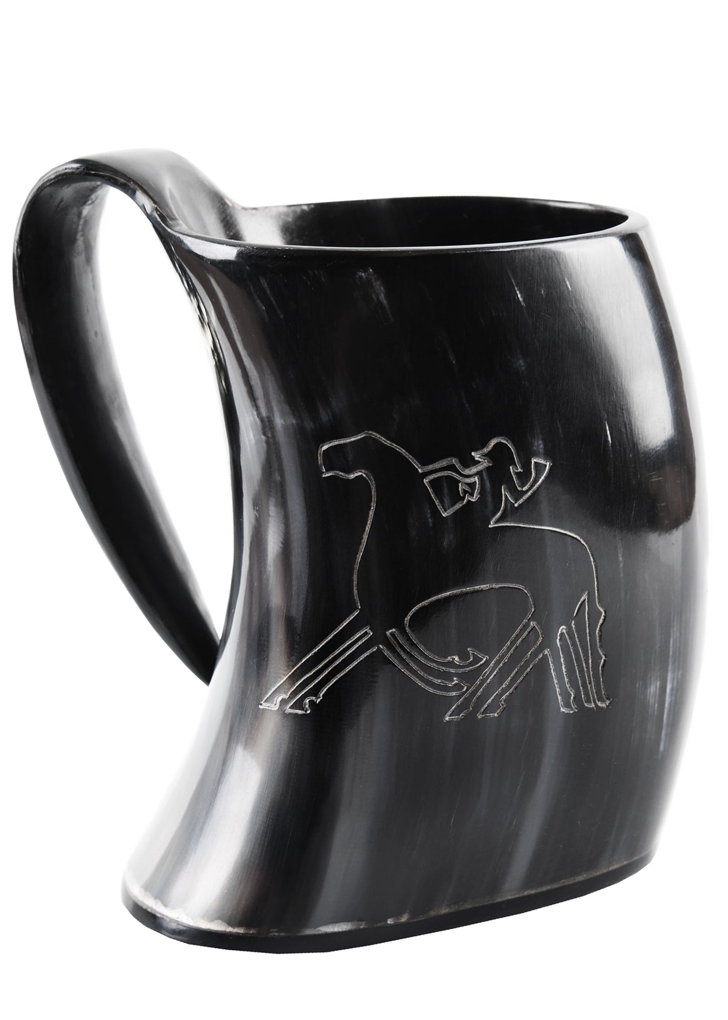 Wikinger Hornkrug Odin auf Sleipnir – Bierkrug aus echtem Horn – Metkrug mit Odin Gravur