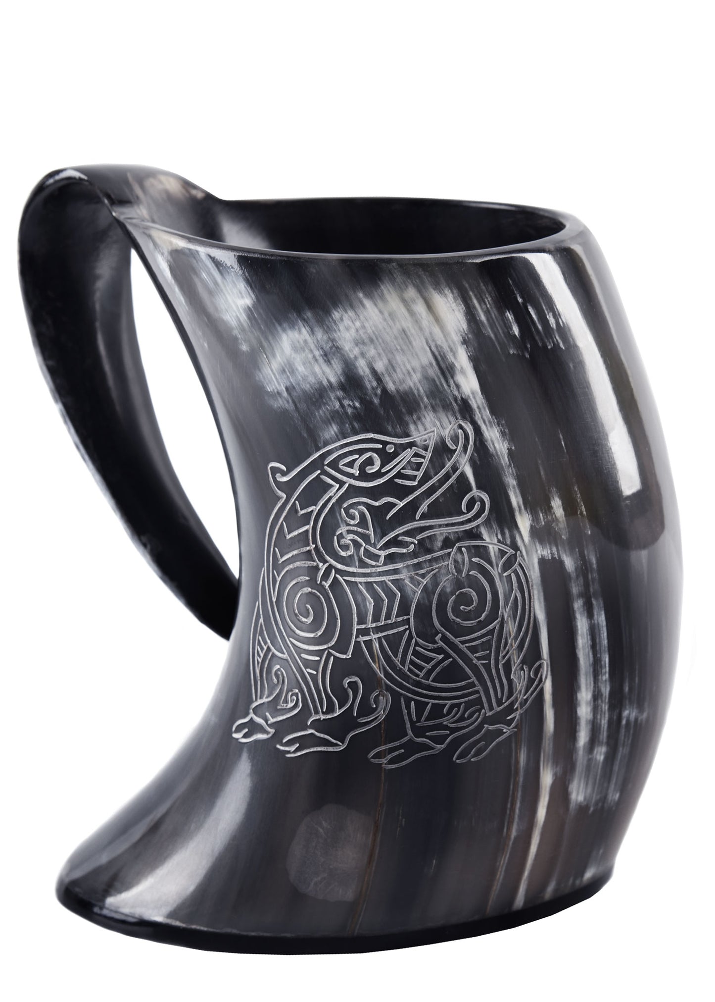 Wikinger Hornkrug Drache – Bierkrug aus echtem Horn – Metkrug mit Drachen Gravur