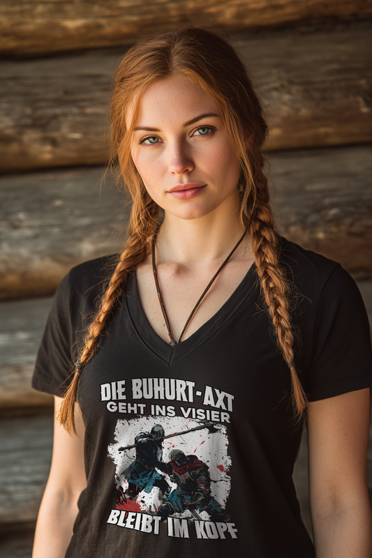 Buhurt Axt – bleibt im Kopf | Damen Bio V-Neck T-Shirt