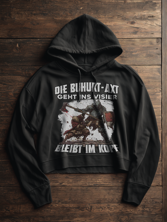 Buhurt-Axt geht ins Visier – bleibt im Kopf | Frauen Bio Boxcut Hoodie