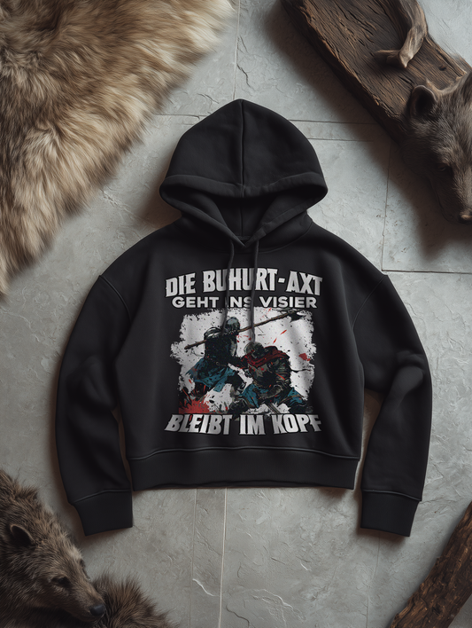 Die Buhurt-Axt geht ins Visier – bleibt im Kopf | Frauen Bio Boxcut Hoodie