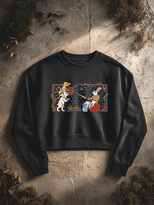 Damen Boxcut Sweatshirt | Mittelalterliche Marginalien Hasenritter | Bouhourt