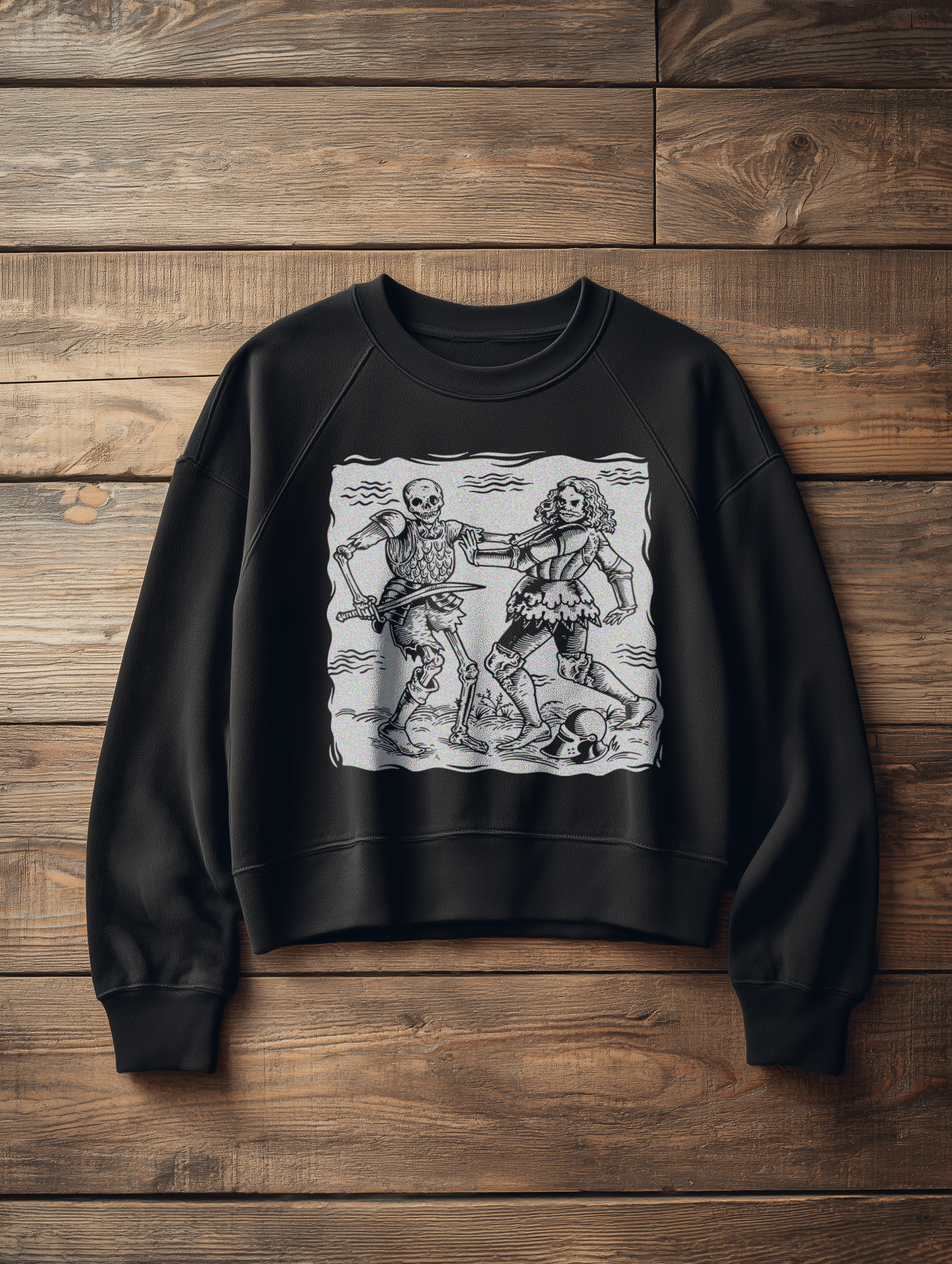 Frauen Bio Boxcut Sweatshirt – Totentanz Ritter Holzschnitt