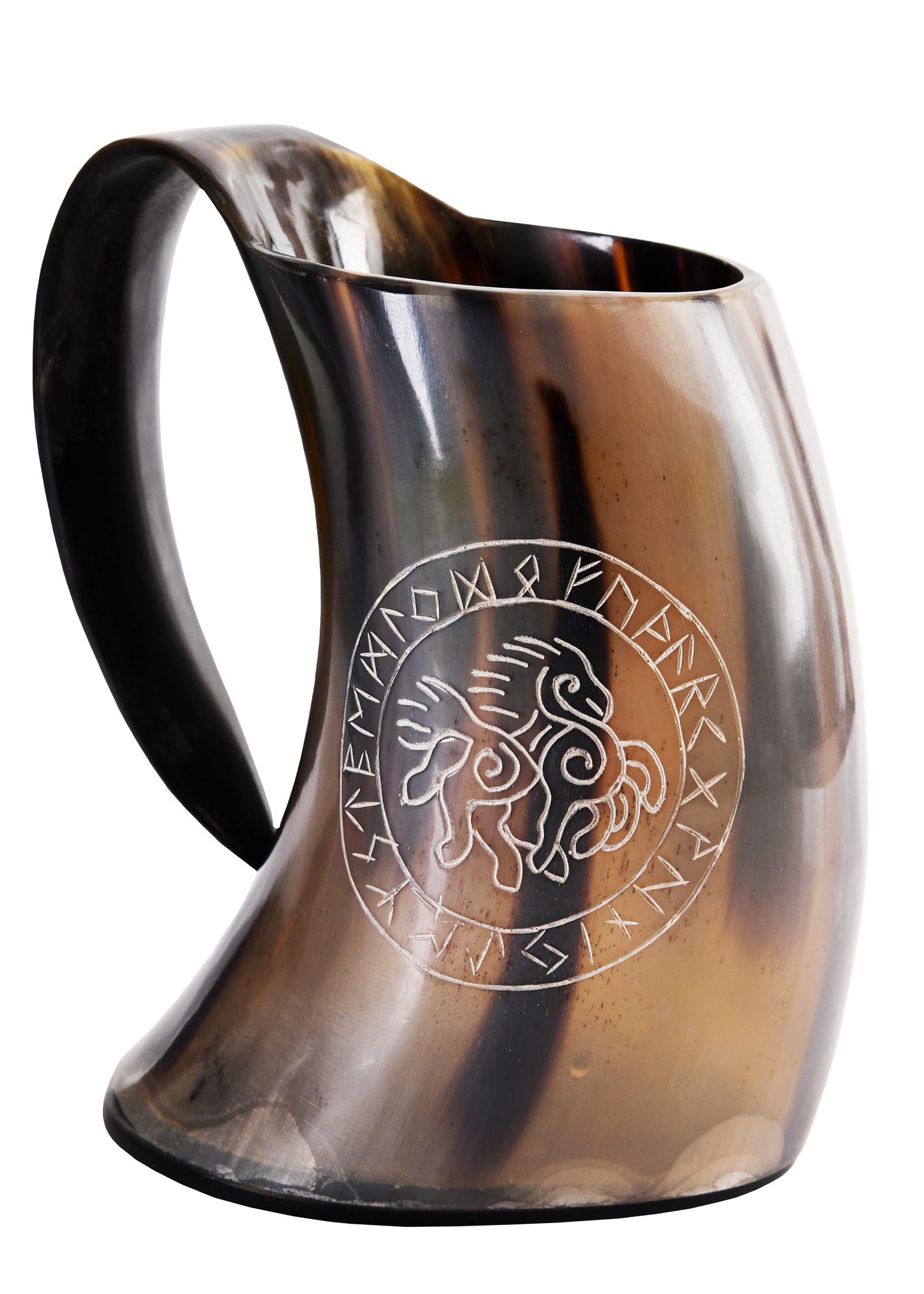 Wikinger Hornkrug Sleipnir – Bierkrug aus echtem Horn – Metkrug mit Odins Pferd Gravur