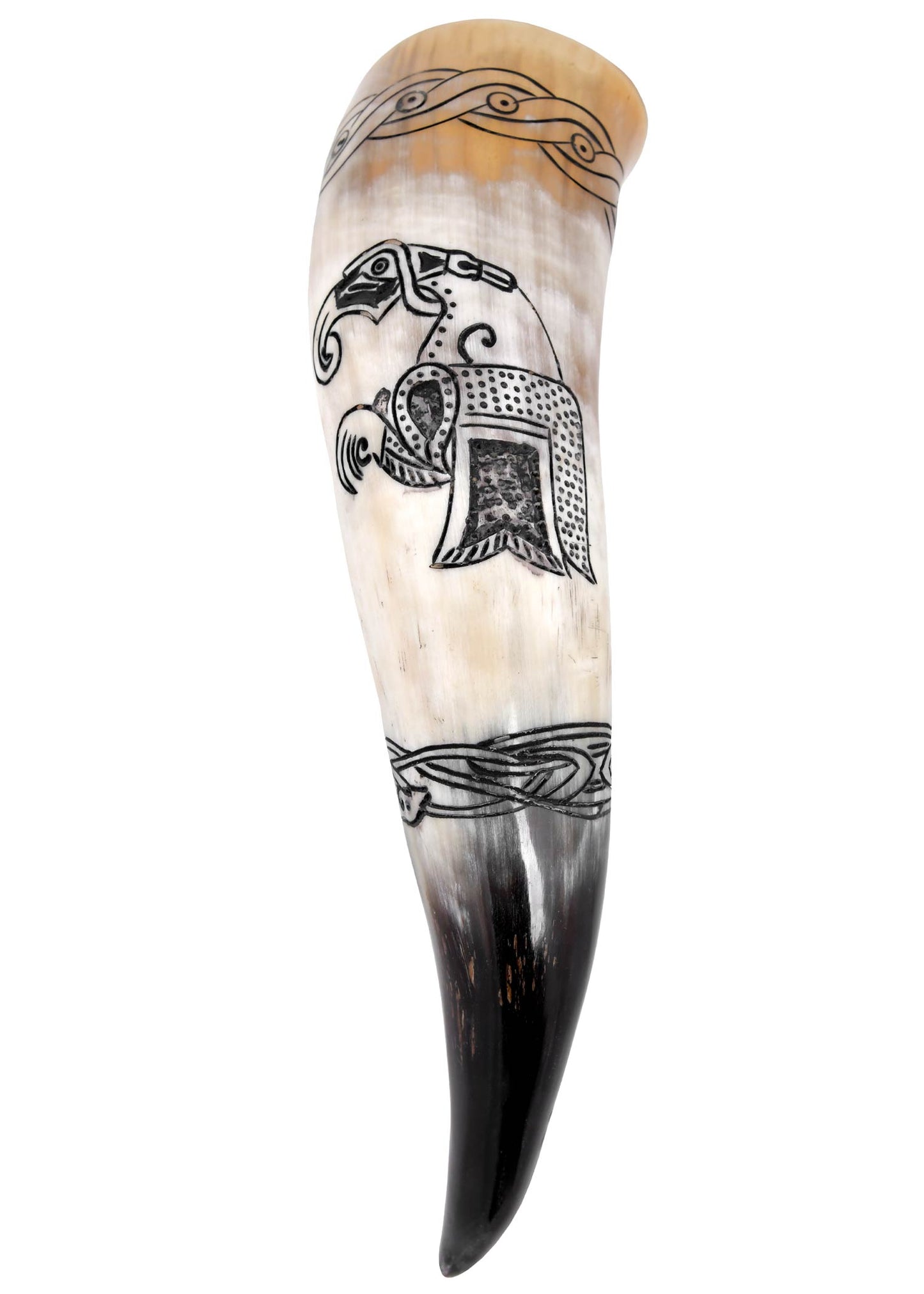 Wikinger Trinkhorn Odins Raben – Huginn Muninn Gravur – Met Horn aus echtem Horn – Mittelalter Trinkgefäß