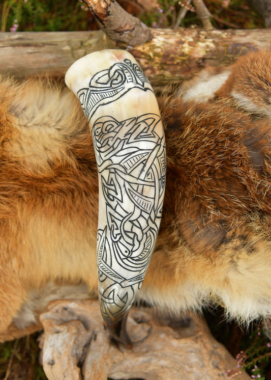 Wikinger Trinkhorn Fenrir – Fenriswolf Gravur – Met Horn aus echtem Horn – Mittelalter Trinkgefäß