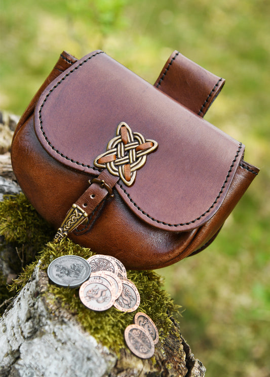 Mittelalter Gürteltasche aus Leder mit keltischem Knotenverschluss – Braun