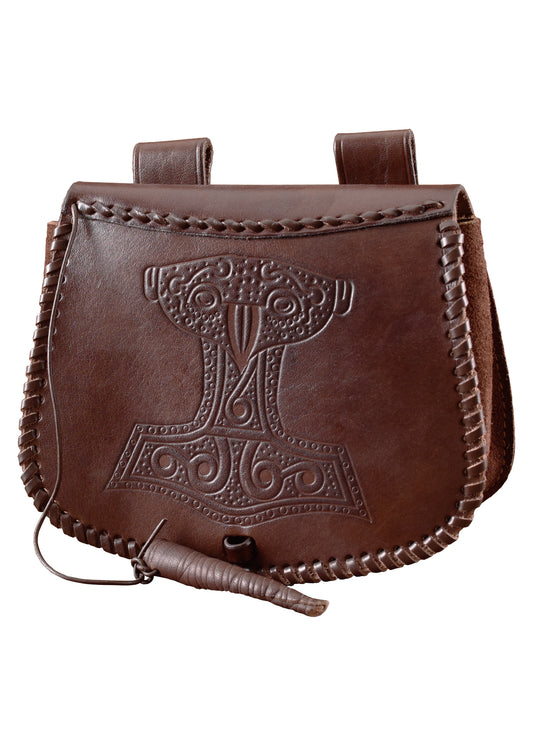 Wikinger Gürteltasche aus Leder mit Thorshammer-Prägung – Braun