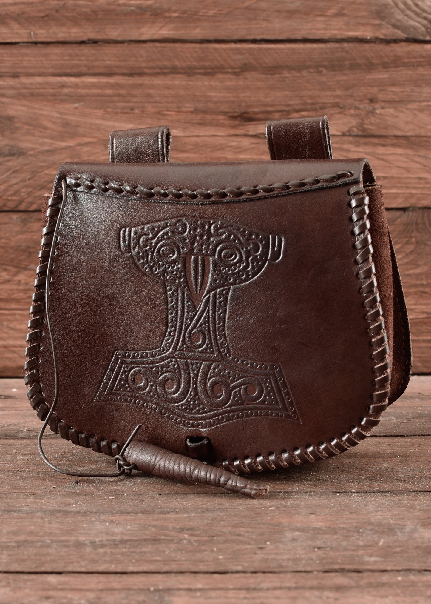 Wikinger Gürteltasche aus Leder mit Thorshammer-Prägung – Braun