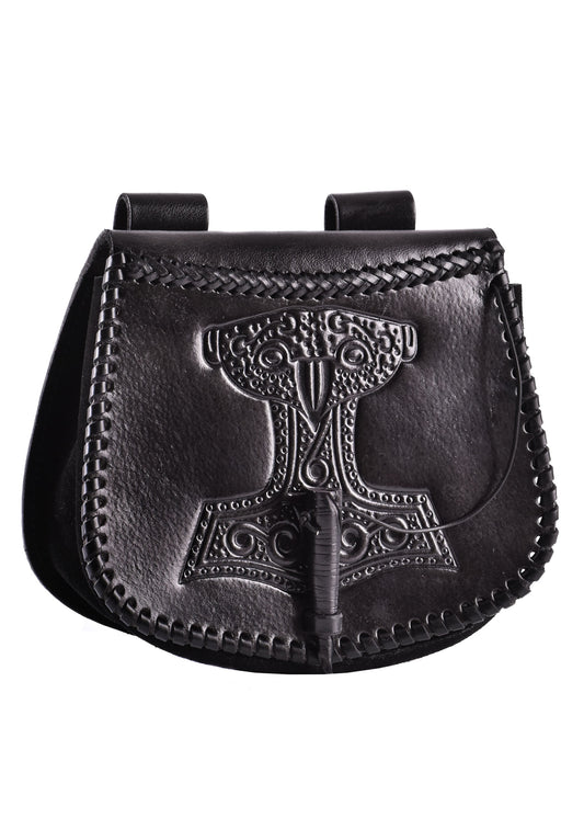 Gürteltasche mit Thorshammer-Prägung aus Leder – Wikinger Tasche Schwarz