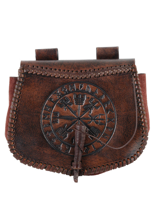 Wikinger Gürteltasche aus Leder mit Vegvísir-Prägung – Braun
