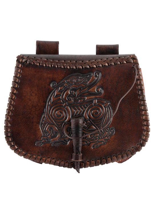 Gürteltasche aus Leder mit Drachen-Prägung – Wikinger Tasche Braun