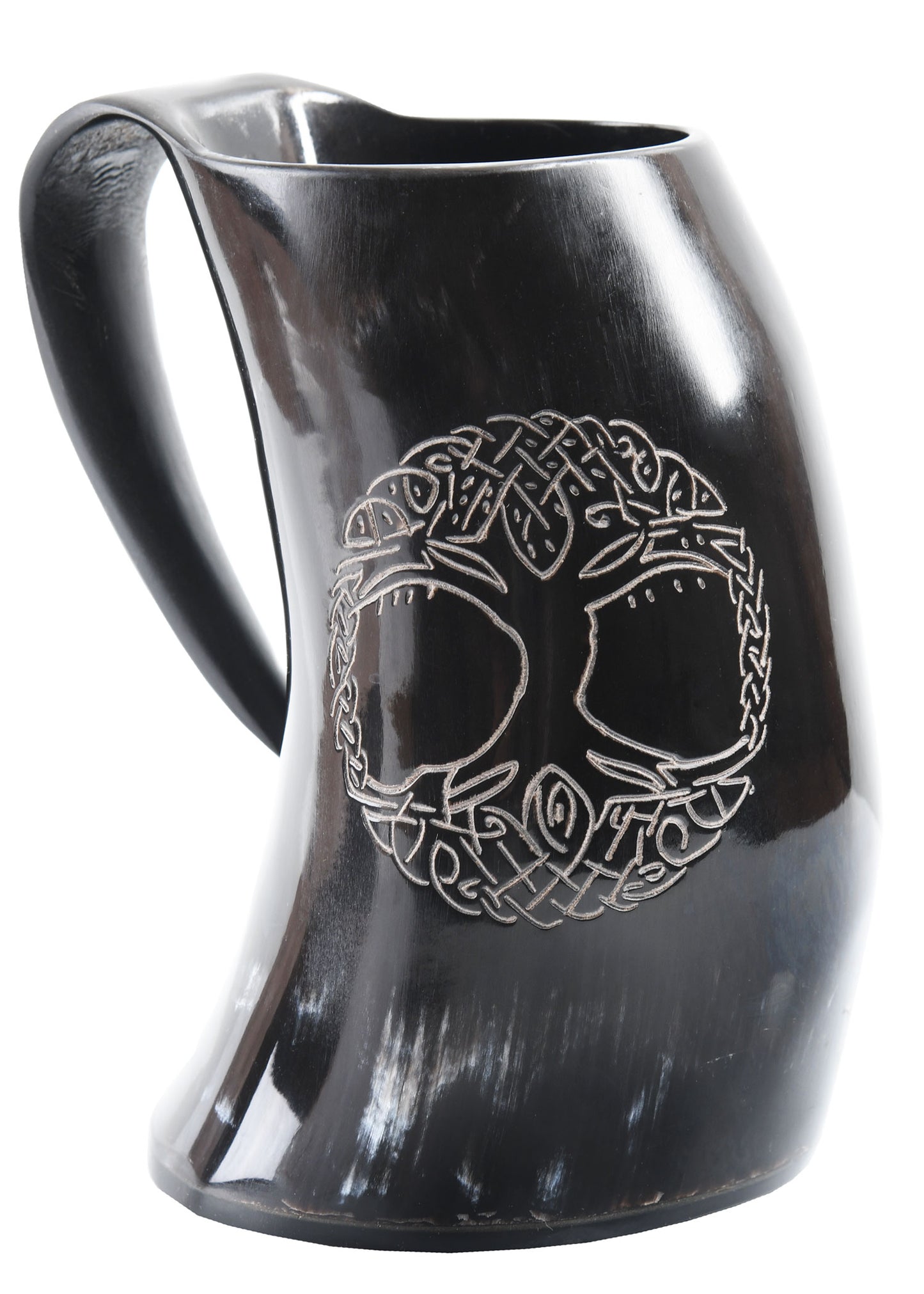 Wikinger Hornkrug Yggdrasil – Bierkrug aus echtem Horn – Metkrug mit Weltenbaum Gravur – Mittelalter Humpen