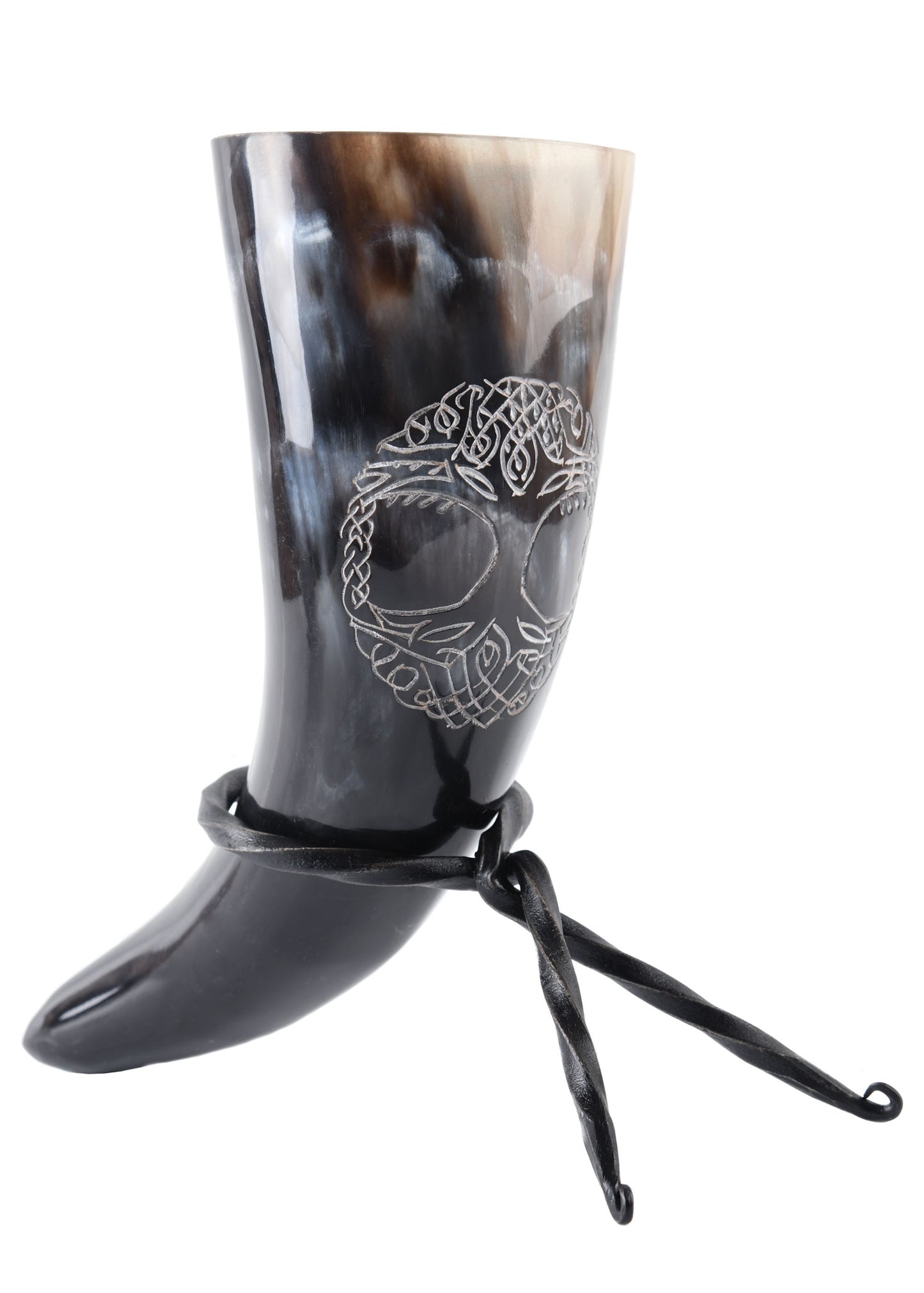 Wikinger Trinkhorn mit Ständer – Yggdrasil Weltenbaum Gravur – echtes Rinderhorn – Mittelalter & Met Horn