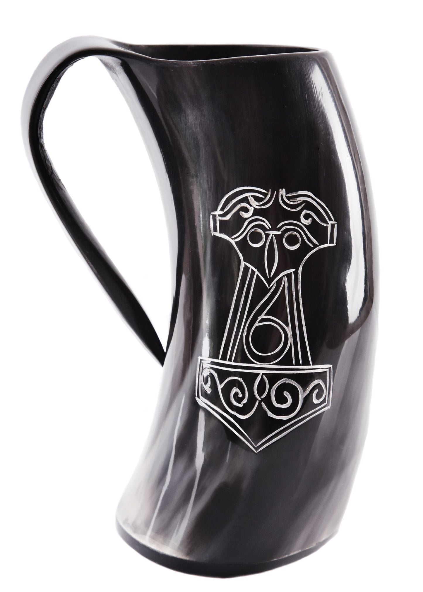 Wikinger Hornkrug Mjölnir – Bierkrug aus echtem Horn – Metkrug mit Thorshammer Gravur