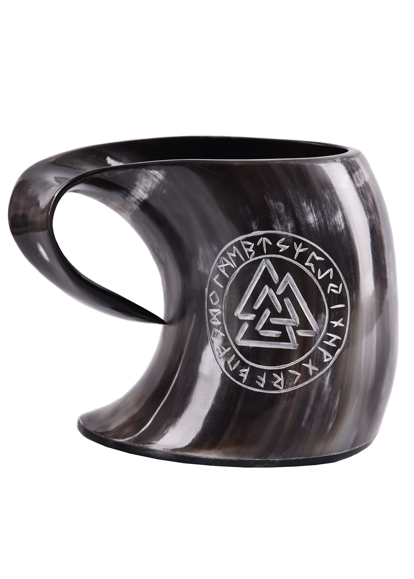 Wikinger Hornkrug Valknut – Bierkrug aus echtem Horn – Metkrug mit Runen Gravur