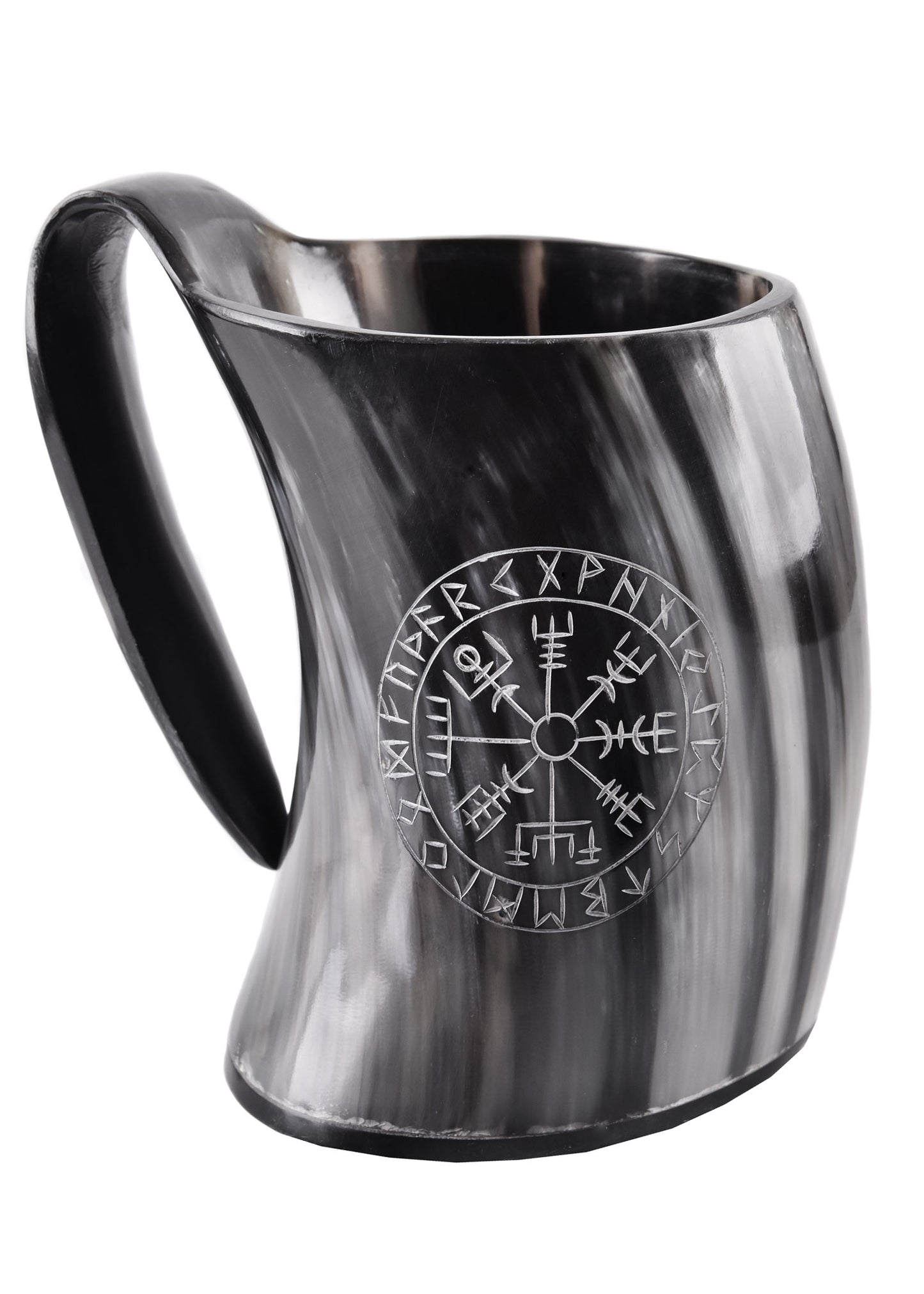 Wikinger Hornkrug Vegvisir – Bierkrug aus echtem Horn – Metkrug mit Runen Gravur