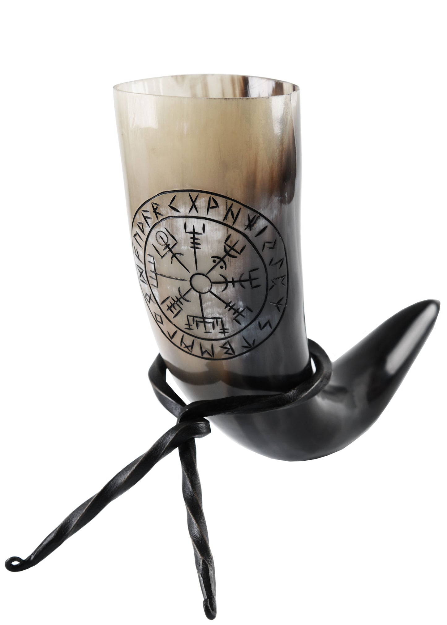 Wikinger Trinkhorn mit Ständer – Vegvisir Runen Gravur – Met Horn aus echtem Rinderhorn – Mittelalter Trinkgefäß