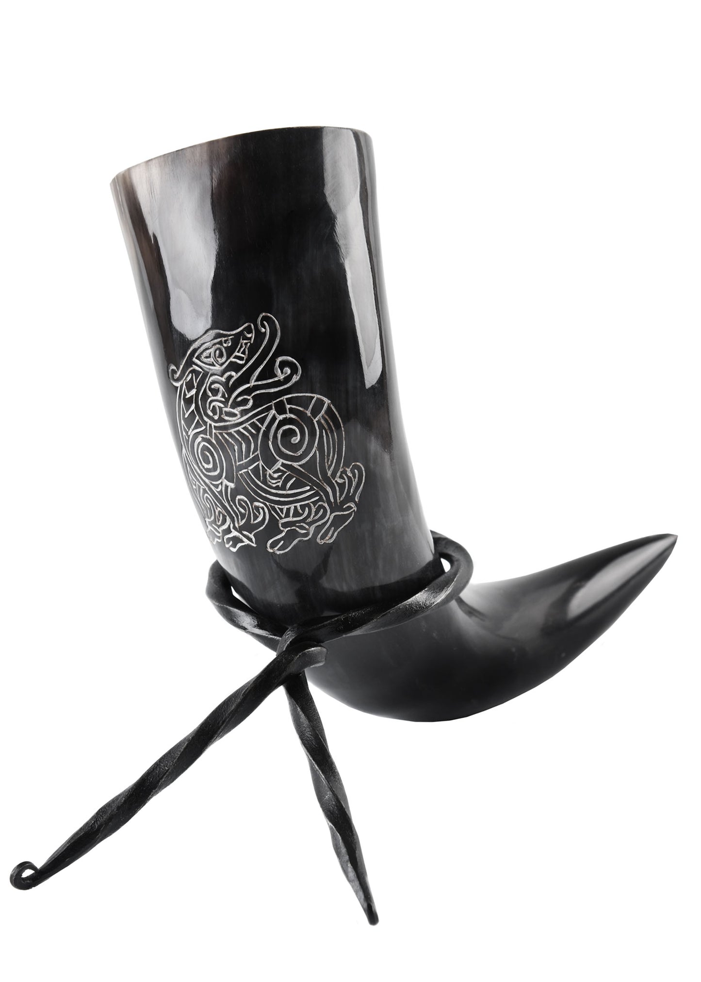 Wikinger Trinkhorn mit Ständer – Wikinger Drache Gravur – Met Horn aus echtem Rinderhorn – Mittelalter Trinkgefäß