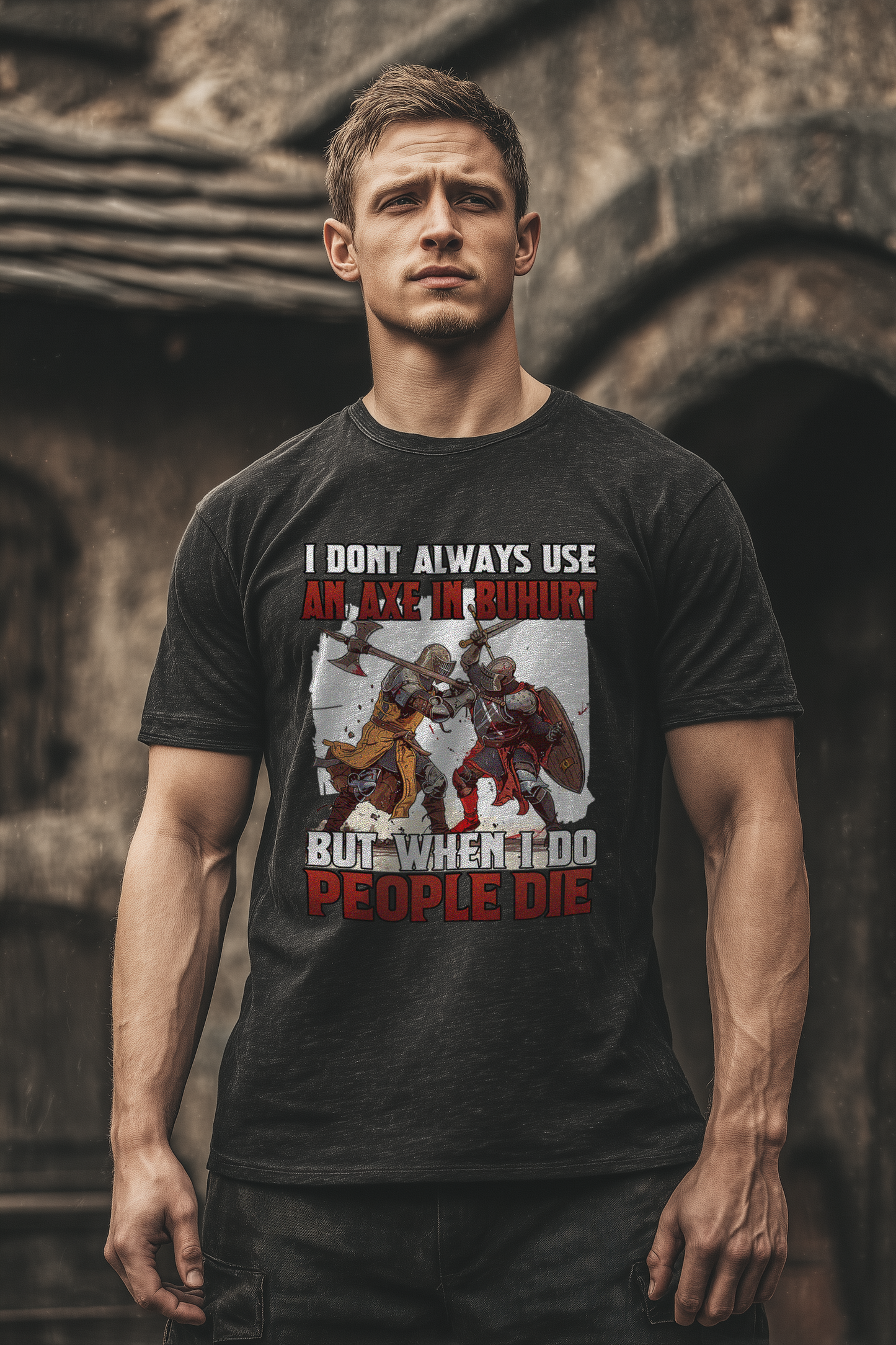 Buhurt Herren Premium T-Shirt – Bouhourt Spruch „Axe in Buhurt – People Die“ Männer T-Shirt