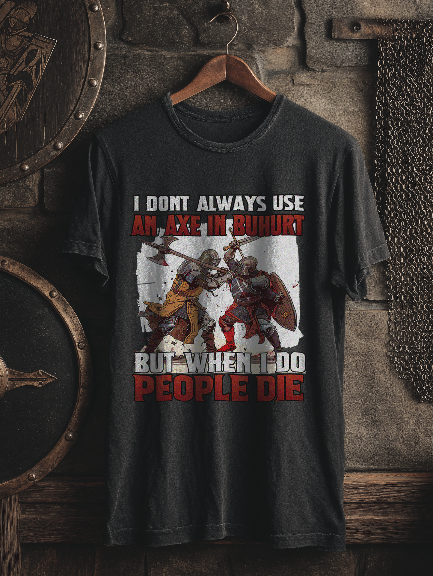 Buhurt Herren Premium T-Shirt – Bouhourt Spruch „Axe in Buhurt – People Die“ Männer T-Shirt
