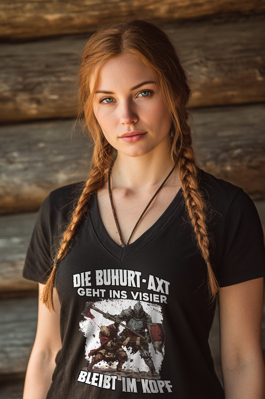 Buhurt-Axt geht ins Visier | bleibt im Kopf | Damen Bio V-Neck T-Shirt