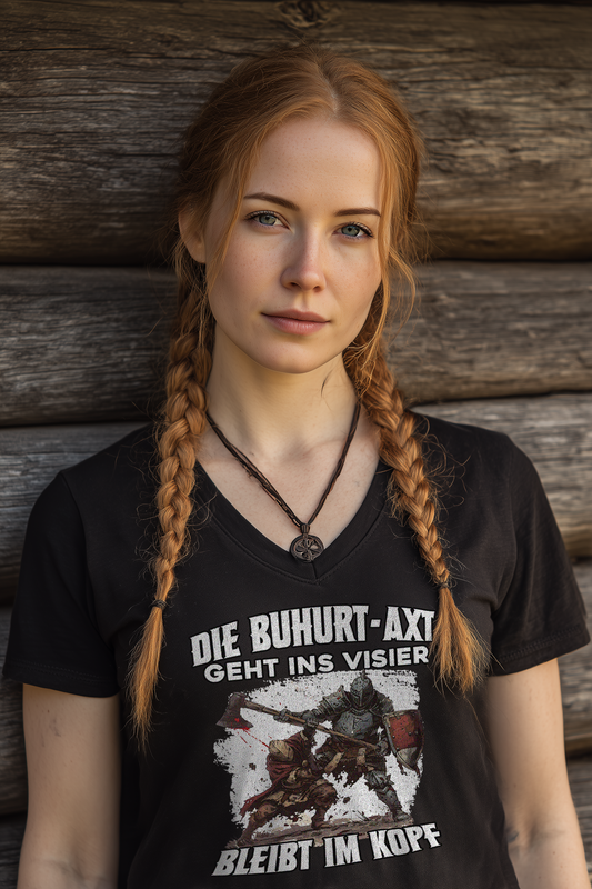 Buhurt-Axt geht ins Visier | bleibt im Kopf | Damen Bio V-Neck T-Shirt