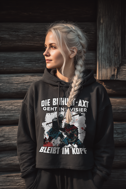 Die Buhurt-Axt geht ins Visier – bleibt im Kopf | Frauen Bio Boxcut Hoodie