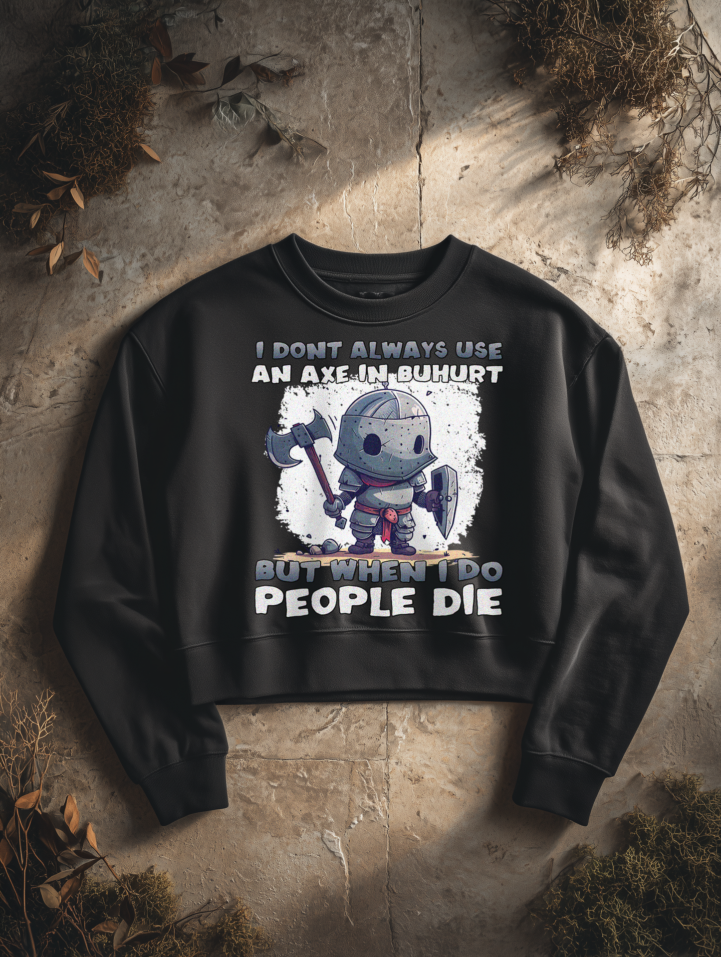Frauen Bio Boxcut Sweatshirt – Chibi Buhurt Ritter mit sarkastischem Spruch