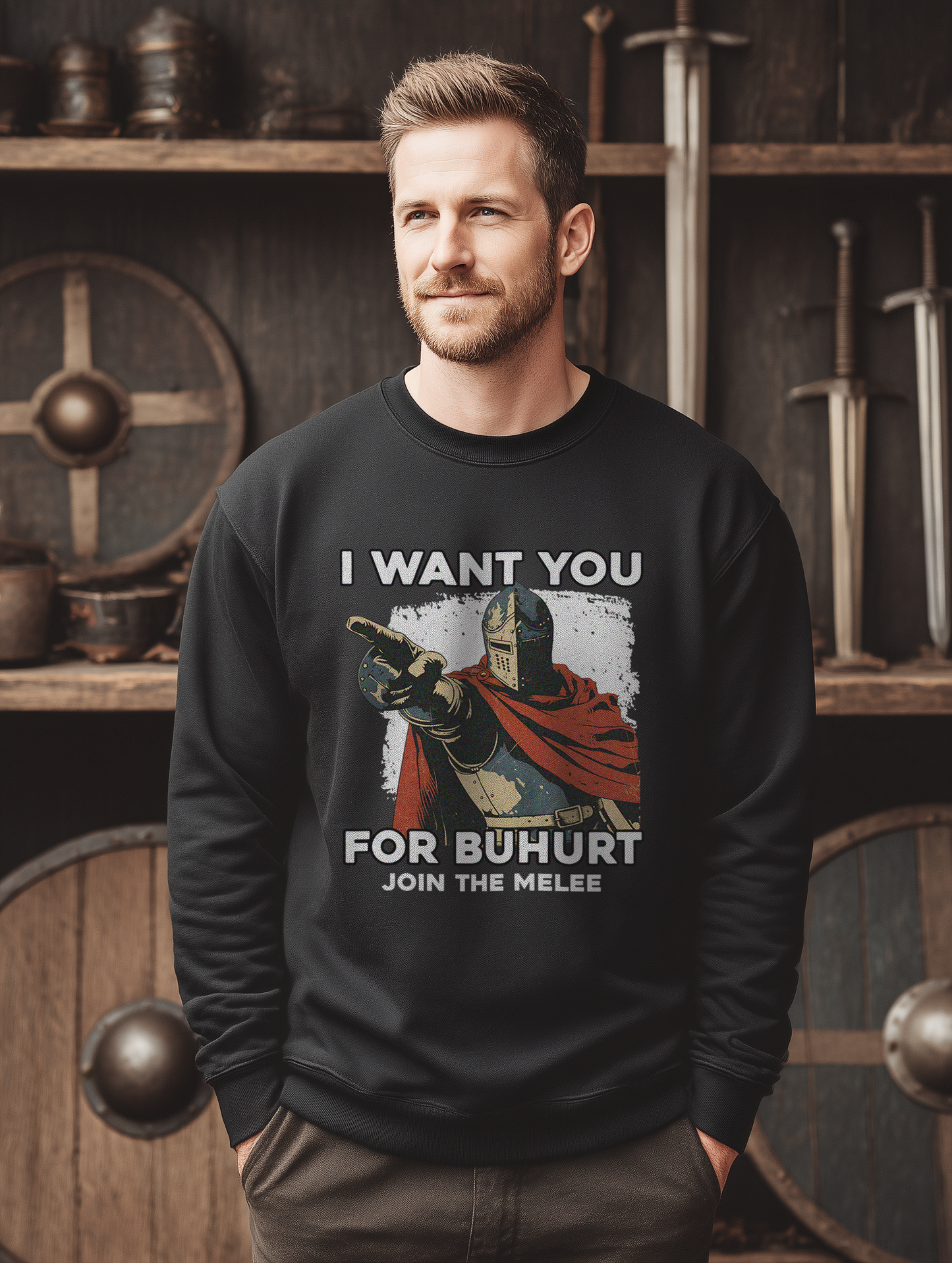 Buhurt Premium Herren Sweatshirt | „I want you – join the melee“ | Bouhourt Männer Pullover