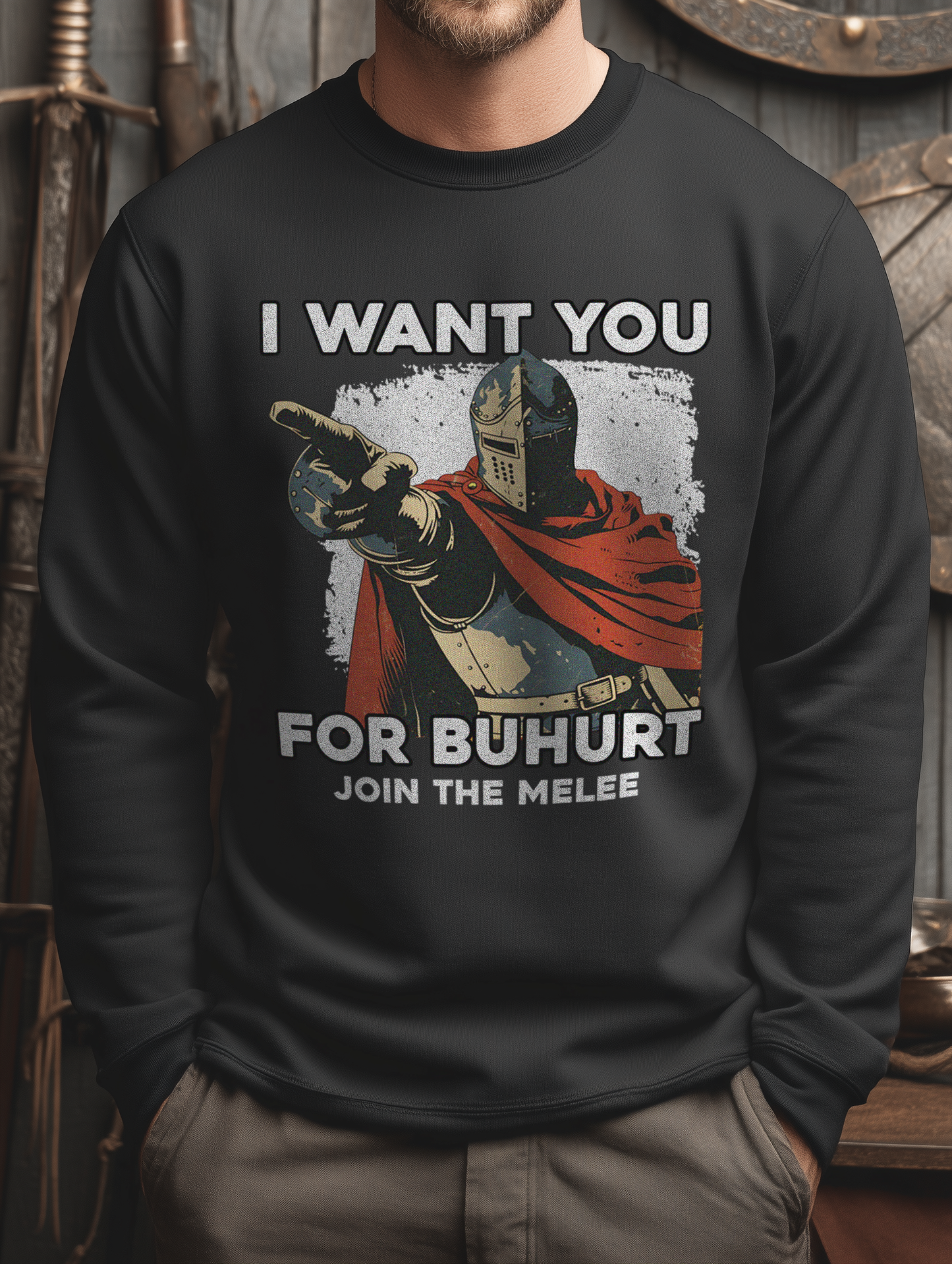 Buhurt Premium Herren Sweatshirt | „I want you – join the melee“ | Bouhourt Männer Pullover
