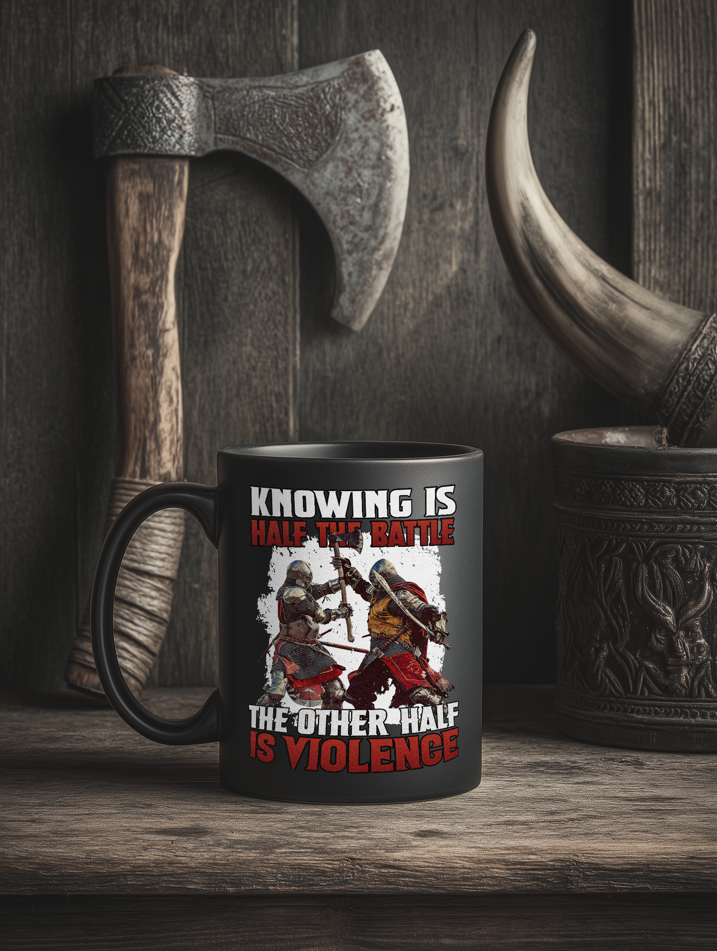 Schwarze Buhurt Keramik Tasse | Knowing Is Half The Battle | Bouhourt Cup