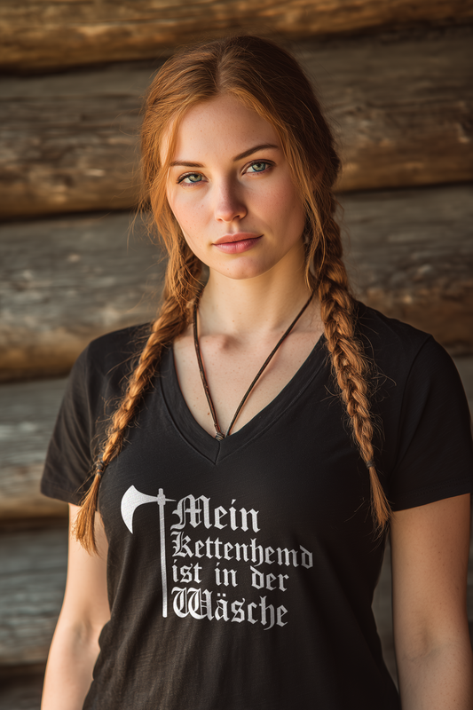 Mein Kettenhemd ist in der Wäsche | Damen Bio V-Neck T-Shirt