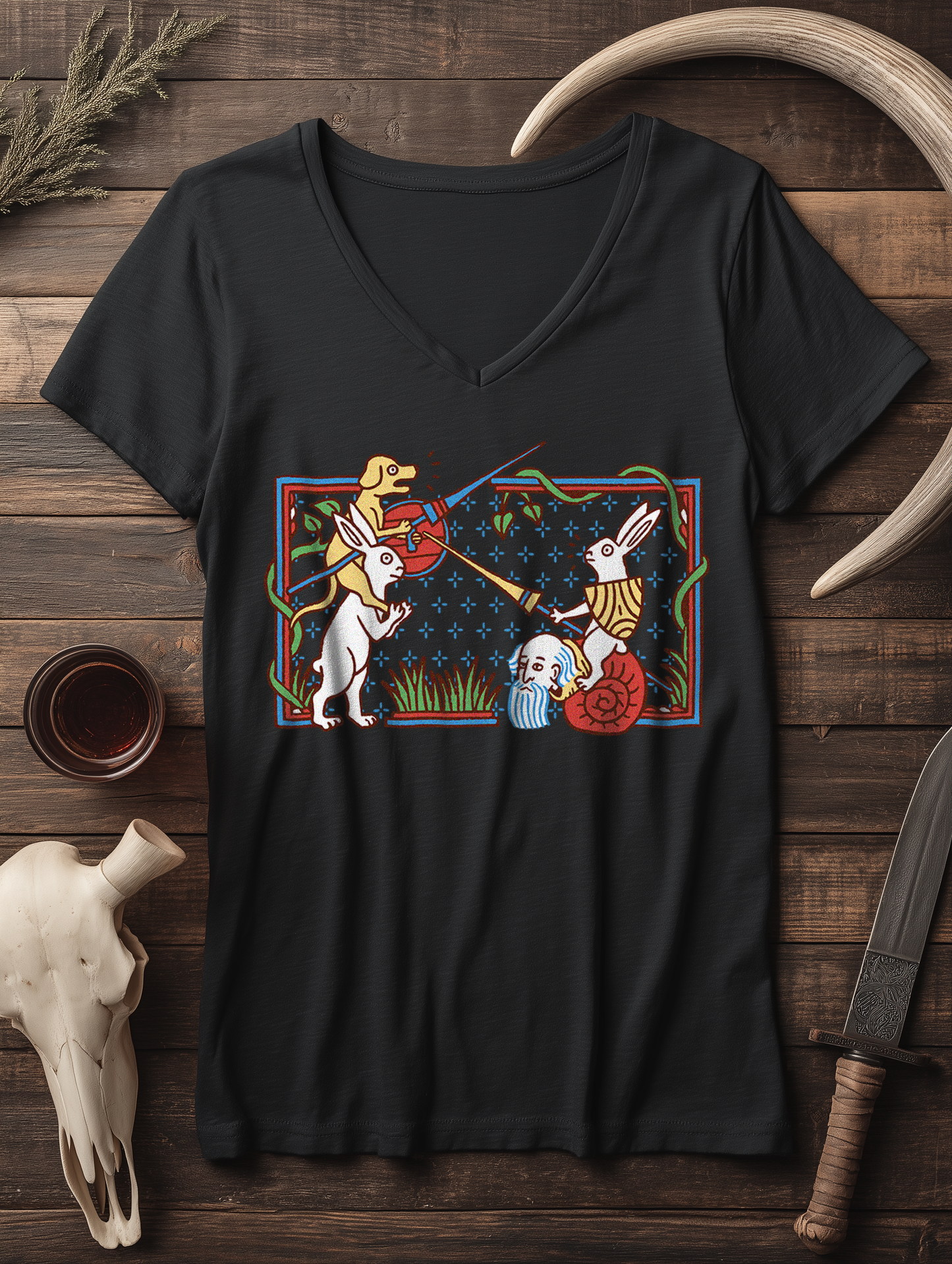 Schneckenritter Marginalien Motiv | Damen Bio V-Neck T-Shirt