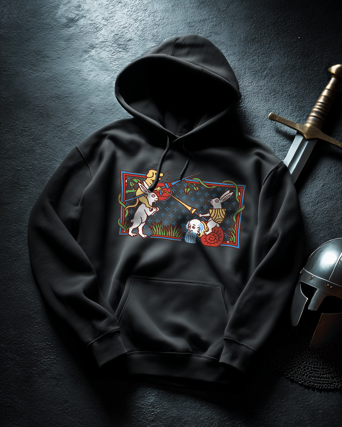 Herren Buhurt Hoodie | Mittelalterliche Marginalien Hasenritter | Bouhourt Hoodie