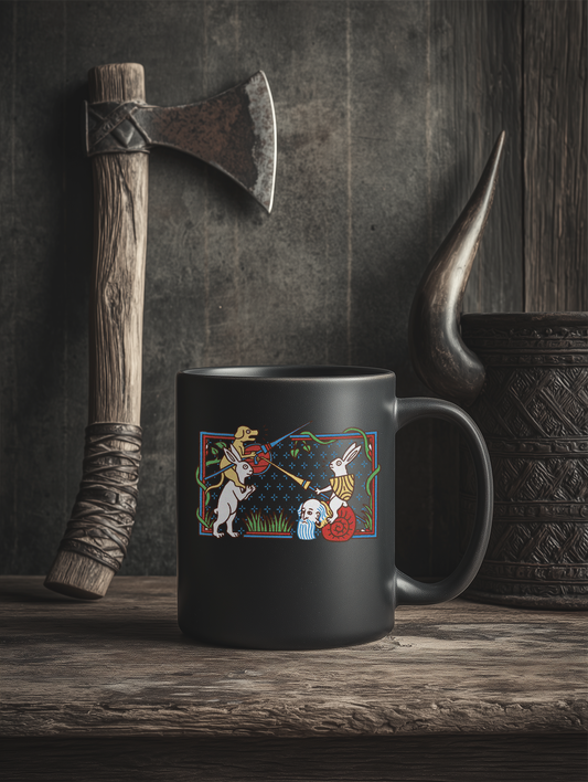 Buhurt Keramik Tasse Schwarz | Mittelalterliche Marginalien Hasenritter