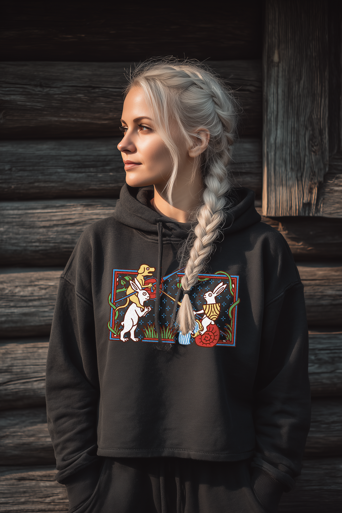 Damen Boxcut Hoodie | Mittelalterliche Marginalien Hasenritter | Bouhourt