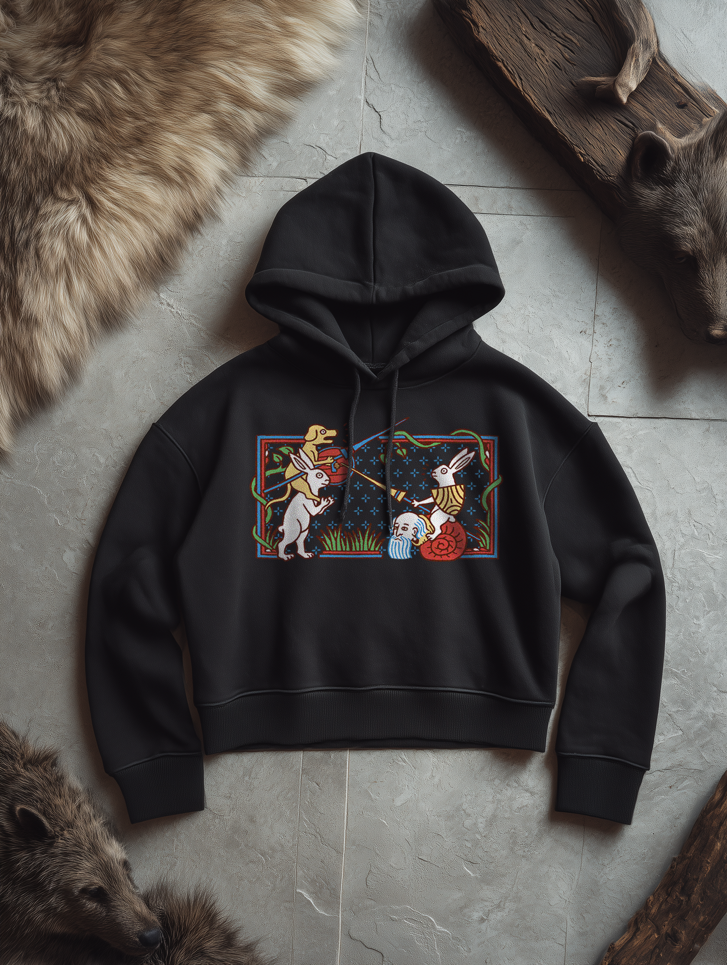 Damen Boxcut Hoodie | Mittelalterliche Marginalien Hasenritter | Bouhourt