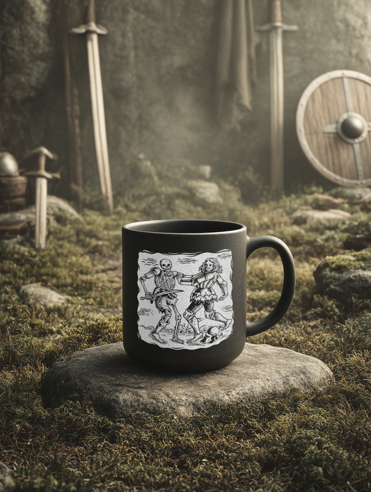 Buhurt Keramik Tasse Schwarz – Totentanz Ritter & Skelett