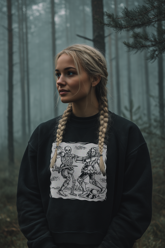 Frauen Bio Boxcut Sweatshirt – Totentanz Ritter Holzschnitt