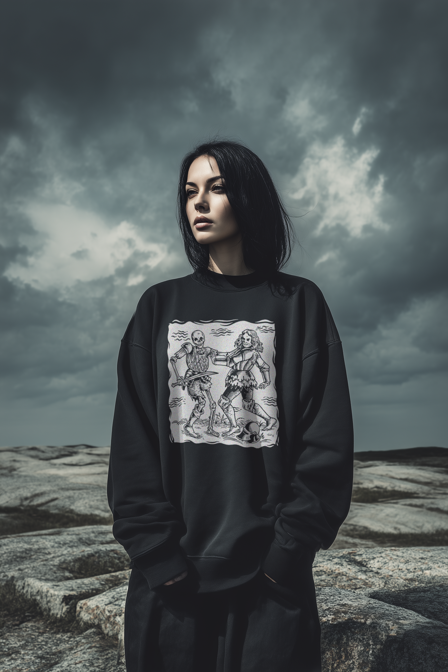 Womens Organic Oversized Sweatshirt – Totentanz Ritter Holzschnitt