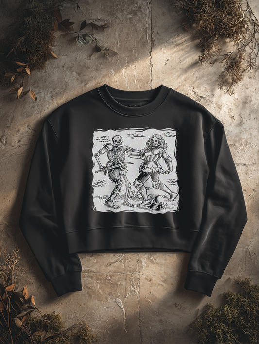 Frauen Bio Boxcut Sweatshirt – Totentanz Ritter Holzschnitt