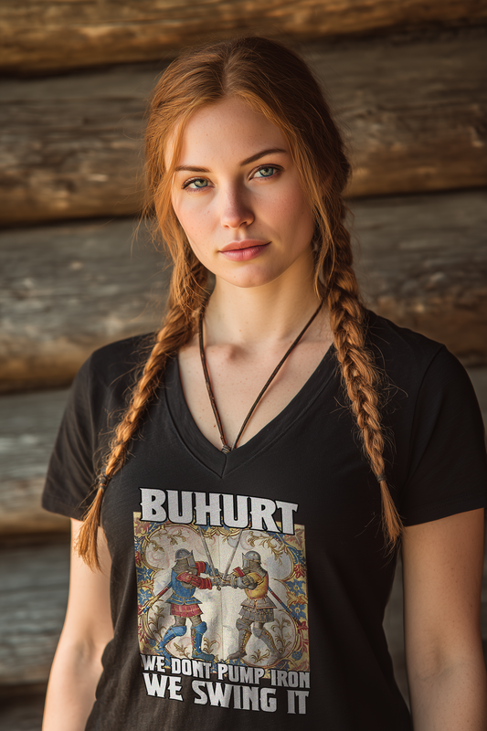 Buhurt Stundenbuch | Damen Bio V-Neck Shirt im mittelalterlichen Manuskriptstil