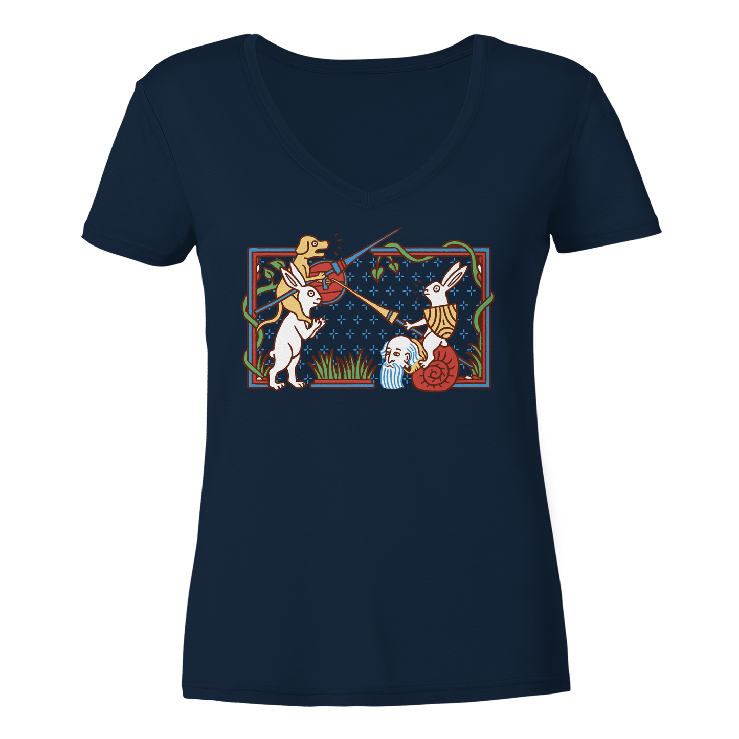 Schneckenritter Marginalien Motiv | Damen Bio V-Neck T-Shirt