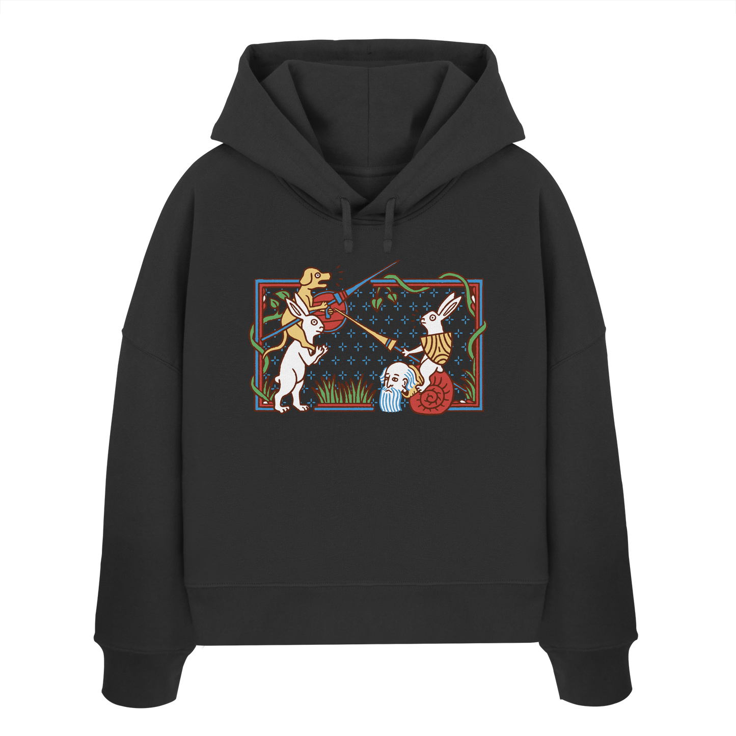 Damen Boxcut Hoodie | Mittelalterliche Marginalien Hasenritter | Bouhourt