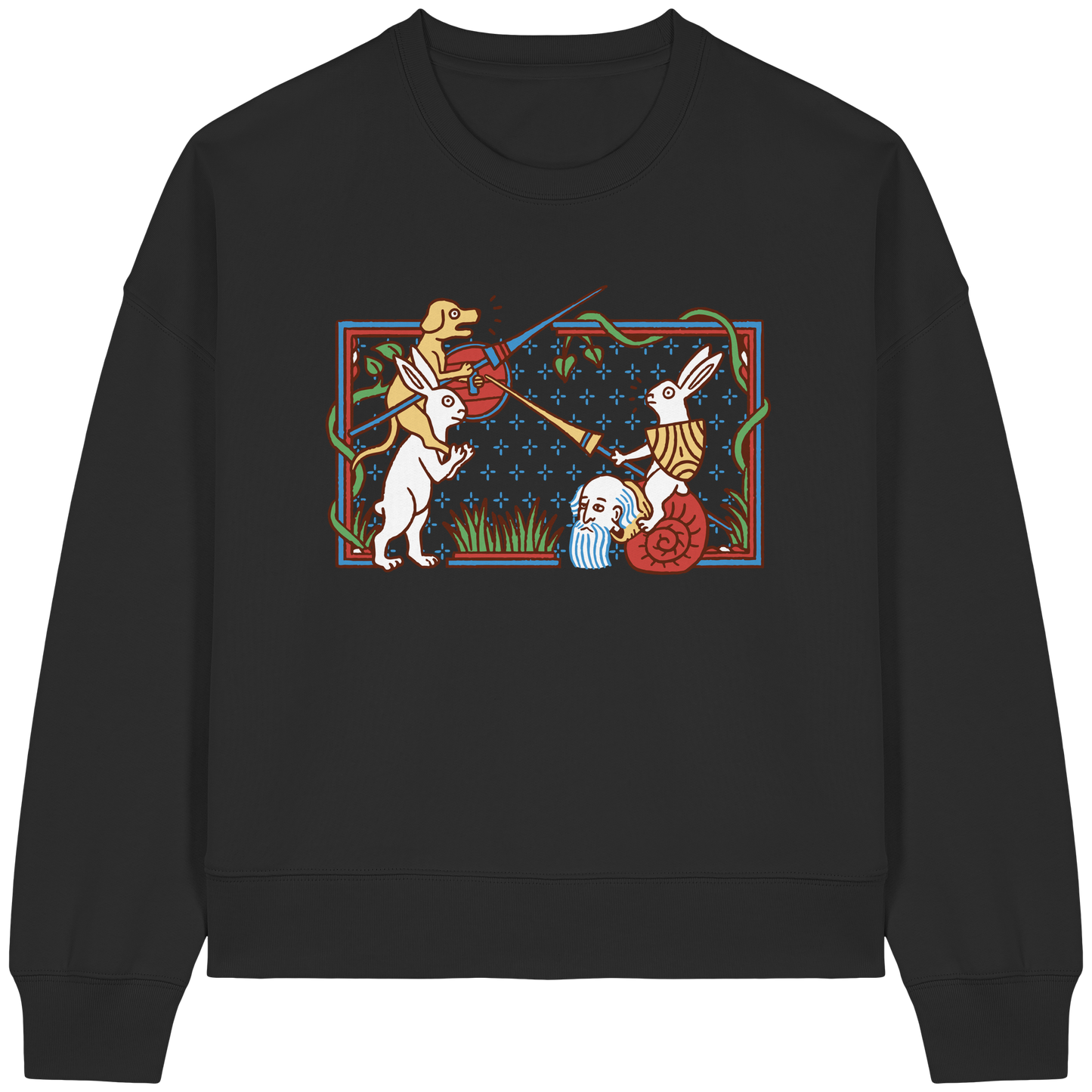 Damen Boxcut Sweatshirt | Mittelalterliche Marginalien Hasenritter | Bouhourt